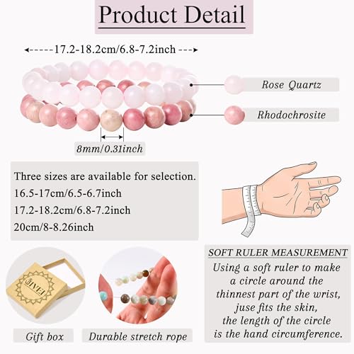 Bivei Natural Gemstone Semi Precious Healing Crystals Handmade Stretchy Round Beads Bracelet,Stocking Stuffers for Women Enhance Positive Energy - color: 8mm Rose Quartz & Rhodochrosite (Self Love), size: Small: 6.5-6.7 inch