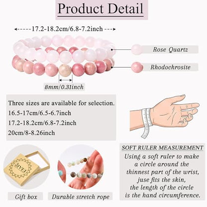 Bivei Natural Gemstone Semi Precious Healing Crystals Handmade Stretchy Round Beads Bracelet,Stocking Stuffers for Women Enhance Positive Energy - color: 8mm Rose Quartz & Rhodochrosite (Self Love), size: Small: 6.5-6.7 inch