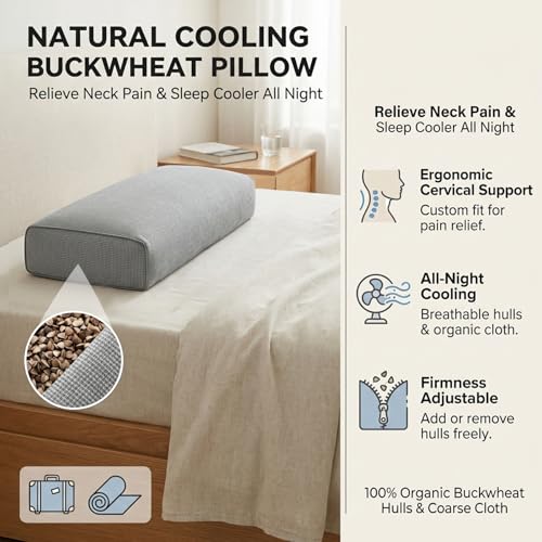 Buckwheat Pillow & Cervical Pillows for Sleeping (21x8x3inch) 100% Organic Coarse Cloth Package w Organic Buckwheat Hulls, Natural Cooling Technology and Relieve Cervical Pain. (C-Gray) - color: C-gray