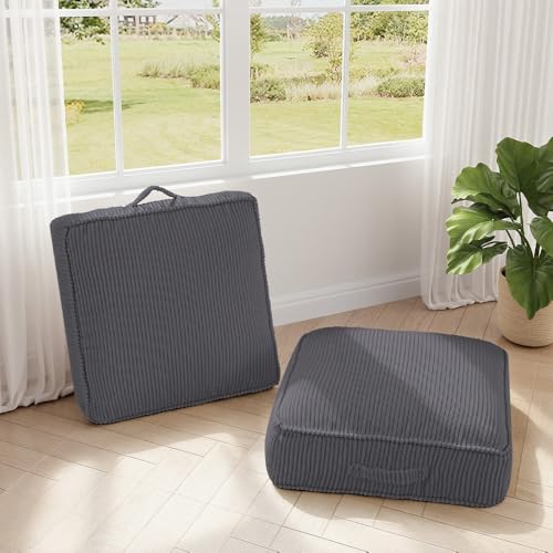 Meditation Floor Pillow Set of 2, 8" Extra Thick Floor Cushion for Sitting with Washable Cover, Large Corduroy Meditation Pillow, 22 inches Tatami Seat with Handle for Yoga Pillow, Grey - color: Dark Grey, size: 22x22x8 inch