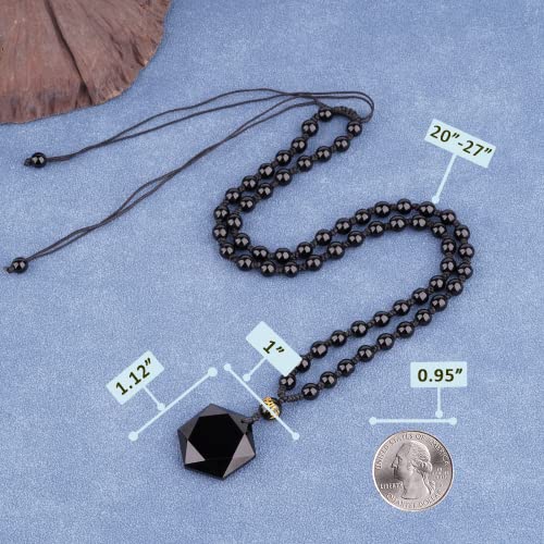 Black Obsidian Necklace Protection Pendant with Extended Bead Chain Healing Crystal Stone Amulet Necklace for Men Women - color: Hexagram