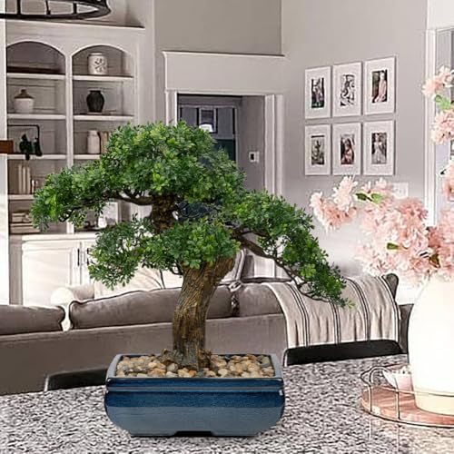 Artificial Bonsai Tree Juniper Faux Plants Indoor Fake Plants Decor with Blue Square Ceramic Pots for Home Table Office Desk Bathroom Shelf Bedroom Living Room Farmhouse Decorations - style: 16" Ficus
