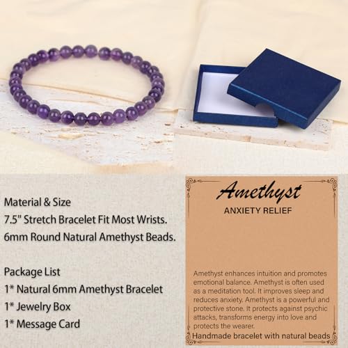 LPBeads Handmade Natural Gemstone Stretch Elastic Bracelet Healing Crystal Round Stone Beads Jewelry Gifts for Women Men - color: Amethyst, size: 6mm