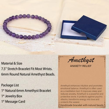 LPBeads Handmade Natural Gemstone Stretch Elastic Bracelet Healing Crystal Round Stone Beads Jewelry Gifts for Women Men - color: Amethyst, size: 6mm