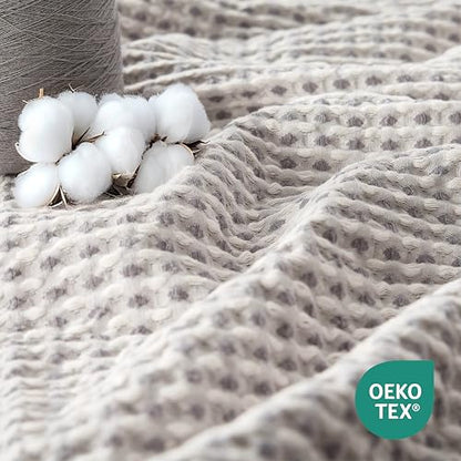 Lightweight Cotton Waffle Throw Blanket, Modern Two-Tone Check Pattern, Soft & Breathable for Bed, Couch, Sofa, All Seasons –Gray/White, 50"x60" - color: Gray/White, size: Throw