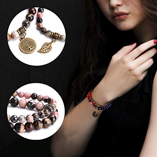 Bivei Natural Semi Precious Gemstone beads bracelet for women - Life Tree and Leaf Charm Energy Reiki Crystal Stretch Bracelets - color: Rhodonite Bracelet Set, size: Medium:6.8-7.24inch