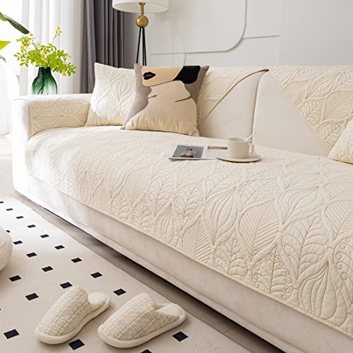 Farmhouse Couch Cover Solid Color Neutral Sofa Cover Soft Cotton Quilted Sectional Couch Covers Non Slip Washable Sofa Slipcover Furniture Protector for Living Room (Ivory D,28"x47") - color: Ivory D, size: 28"x47"/Rectangular