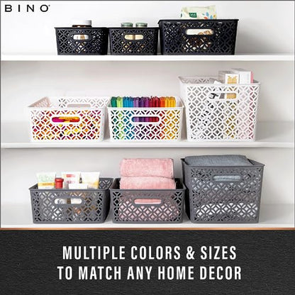 BINO l Plastic Storage Baskets, Medium - Grey | THE BLOSSOM COLLECTION l Multi-Use Organizer Bin l Built-in Handles l Plastic Woven Basket for Organizing l Pantry & Home Organizing Basket