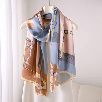 100% Mulberry Silk Long Scarf for Women Large Shawls for Headscarf and Neck- Oblong Hair Wraps with Gift Packed - color: Belts-blue&brown