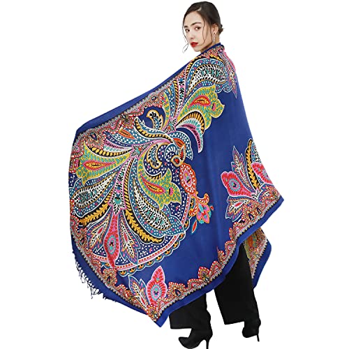 100% Merino Wool Pashmina Shawl for Women 96"x43", Oversized Cashmere Wrap with Tassels, Floral Travel Blanket Cape - color: Royal Blue Paisley Burst
