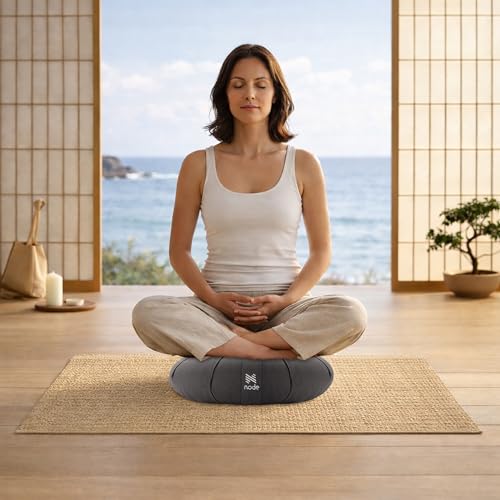 Zafu Meditation Cushion, 15" Round Buckwheat Yoga Pillow with Organic Cotton Cover - Gray