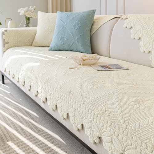 Cotton Quilted Dog Couch Cover for Sofa Farmhouse Rustic Embroidery Sectional Couch Cover Soft Anti-Slip Sofa Slipcover Furniture Protector for Kids, Pets (Ivory,28"x28") - color: Ivory, size: 28"x28"/Armrest or Backrest Cover
