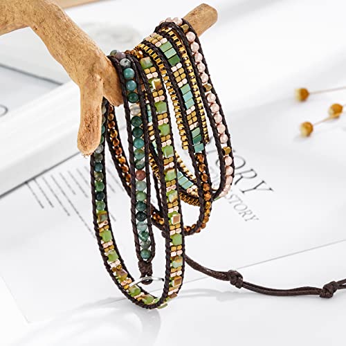 Plumiss Women Boho Handmade Natural Stone Crystal Leather Bead Wrap Bracelets Collection - style: Green Stylish 5W