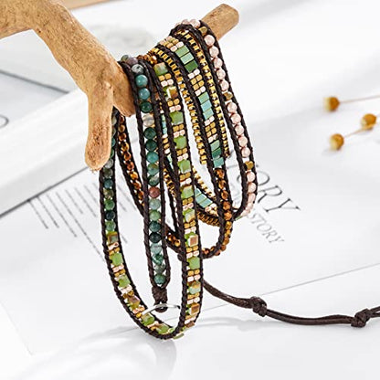 Plumiss Women Boho Handmade Natural Stone Crystal Leather Bead Wrap Bracelets Collection - style: Green Stylish 5W