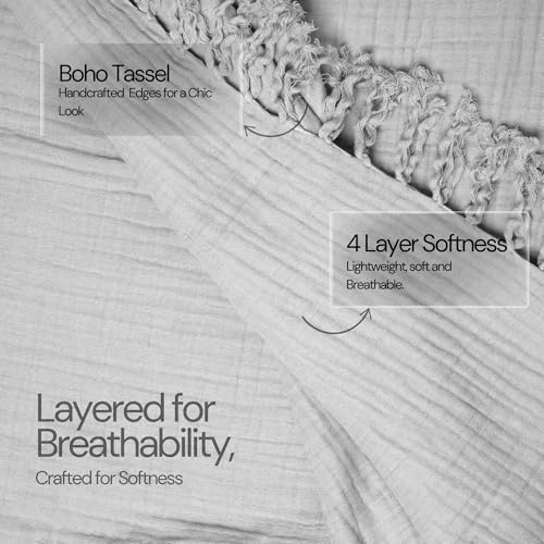 Salt Earth 100% Cotton Muslin Throw Blanket, Gauze Blanket 50"X60" Throw with Tassel 4 Layered for Couch, Bed, Living Room, Lightweight & All Seasons Blankets & Throws, Skin Friendly(Scottish Grey) - color: Scottish Grey, size: 50"X60" Throw