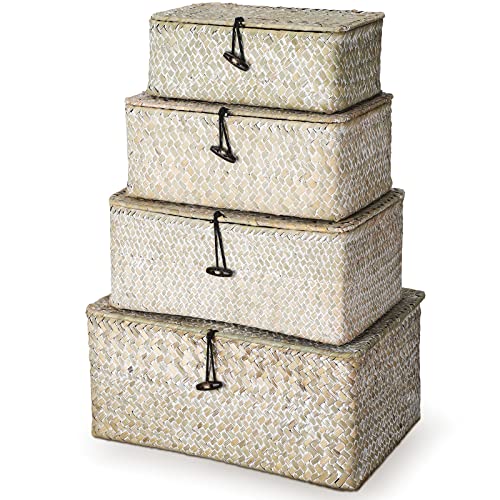 Woanger Set of 4 Wicker Baskets with Lids, Nautral Seagrass Storage Baskets, Woven Rectangular Basket Bins, Rattan Storage Organizer for Shelf Closet Bedroom(White) - color: White