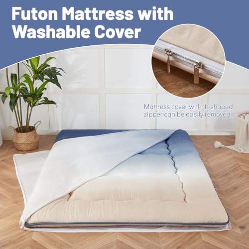 Zelladorra Japanese Floor Mattress, Futon Mattress with Portable Storage Bag and Washable Cover, Roll Up Thick Tatami Mat Suitable for Camping, Guest Room (Coastal Gradient, Twin)