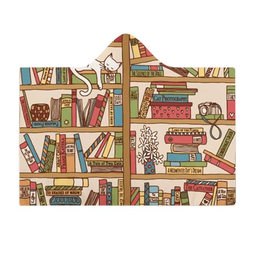 Sleeping Cat Library Bookshelf Large Size Comfortable Hooded Blanket, Warm Blanket 50"x60" - color: Sleeping Cat Library Bookshelf, size: 50"x60"