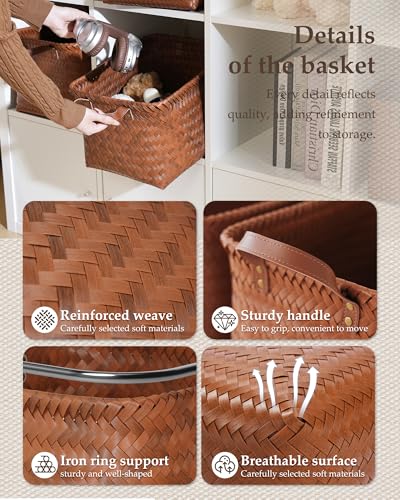 15x10x9 Woven Laundry Basket Hamper, Storage Basket for Clothes Blankets, 4-Pack Wicker Bin for Closet Shelves Bedroom Bathroom, Brown - size: 15x10.27x9.45 Inch