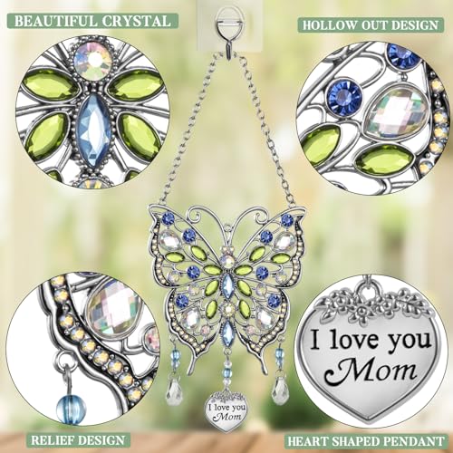 Butterfly Rhinestones Hanging Ornaments Charm Mom Wind Chime Ornament Charm with Metal Heart Gifts for Mom, Grandma, Aunt, Birthday (Blue)