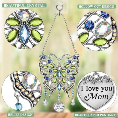 Butterfly Rhinestones Hanging Ornaments Charm Mom Wind Chime Ornament Charm with Metal Heart Gifts for Mom, Grandma, Aunt, Birthday (Blue)