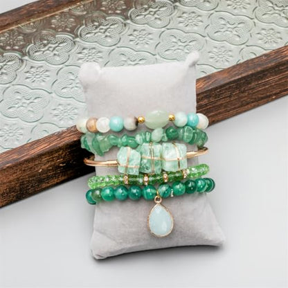 5PCS Natural Boho Beaded Bracelets Bangle for Women Men,Healing Turquoise Jasper Agate Crystal Gemstone Stone Chakra Multilayer Wrap Bohemian Handmade Jewelry Beads Stretch Bracelet Set - color: Green