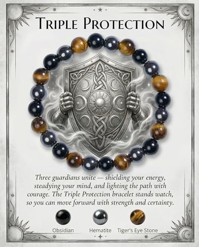 Bivei Protection Bracelet, Strength Crystal Healing Bracelet 8MM - Spiritual Stretch Beaded Jewelry for Women Men Gift - color: Triple Protection