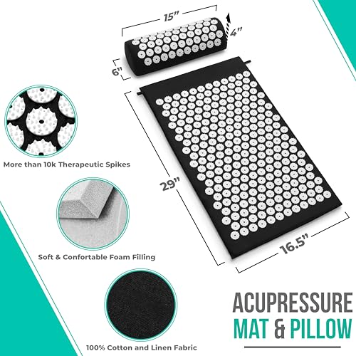 Sivan Back and Neck Pain Relief Acupressure Mat and Pillow Set, Chronic Back Pain Treatment - Relieves Your Stress of Lower Upper Back and Sciatic Pain - Black - color: Black/White, size: Large