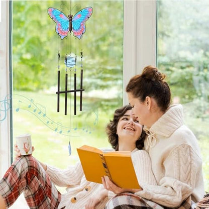 Butterfly Wind Chimes for Outside, Stained Glass Wind Chime Windchimes for Patio, Outdoor,Garden,Yard,Coastal,Window,Home Decor or Gifts for Women(Blue & Red)