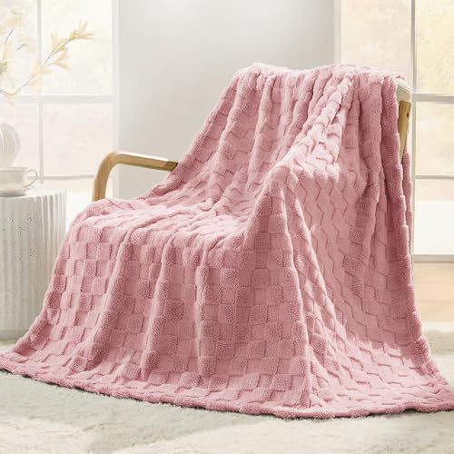 Pink Textured Checkered Twin Size Blanket, 330GSM Soft Plush Fleece Blanket for Couch Sofa Bed, Cozy Decorative Giftable Home Blanket, 60x80 Inches - color: Pink, size: Twin(60"x80")