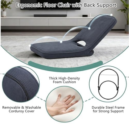 Floor Chair with Adjustable Back Support, Foldable Padded Gaming Floor Seat for Adults & Kids, Multi-Position Meditation Chair with Corduroy Cover for Reading, Gaming & Watching TV (Grey)
