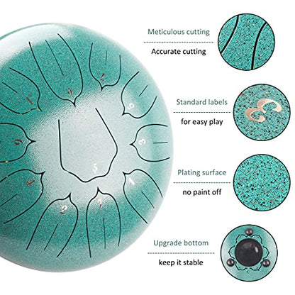 Steel Tongue Drum 12 Inch 11 Notes for Adults - Ethereal Metal Instrument for Meditation & Yoga with Music Book, Mallets & Carry Bag (Malachite) - color: Malachite