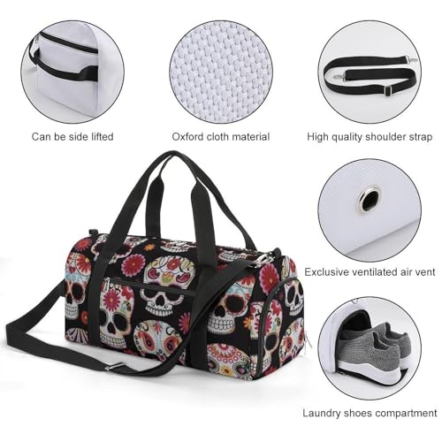 Sugar Skull Art Large Capacity Portable Fitness Bag, Easy to Carry - color: Sugar Skull art