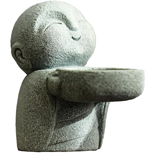 Sandstone Buddha Statue Candle & Incense Cone Holder, Small Jizo Figurine for Home Decor, Tiny Buddha Zen Monk Tealight Holder for Desk, Shelf or Nightstand, 3.5" H Mini Stone Decor Gift - color: Gray