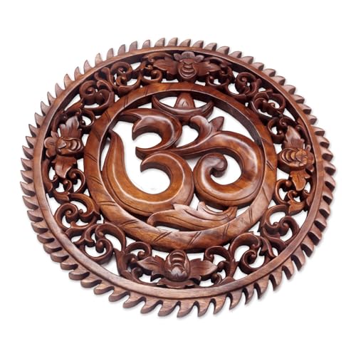 NOVICA Artisan Handcarved Wood Wall Relief Panel Om Motif from Bali Brown Indonesia Decor Panels Hinduism East Meets West Spiritual Religious Balinese Traditional Carvings [0.8in H x 15.75in Diam.]