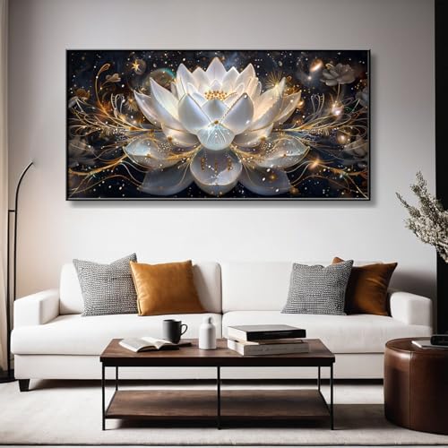 Lotus Flower Canvas Wall Art, White Lotus Canvas Wall Art, Lotus Canvas Wall Art, Zen Canvas Wall Art, Lotus Flower Wall Art, Zen Wall Art, Spiritual Wall Decor, Yoga Wall Art, Yoga Room Wall Decor (Black Framed, 31"x 15"| 80x40cm ) - color: Black Framed,