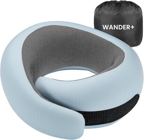 WANDER PLUS® 100% Pure Memory Foam Travel Neck Pillow Airplane Neck Support Ergonomic Design Best for Sleeping Plane Car Train Office Flight for Adults Max Sky Blue - color: Sky Blue