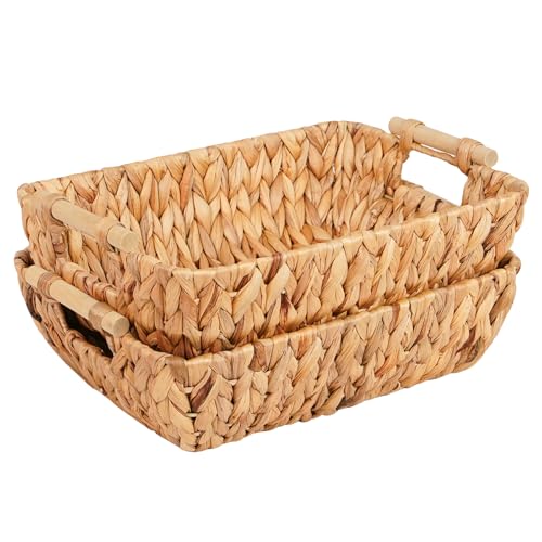 Wicker Storage Baskets with Wooden Handles, Hand-Woven Water Hyacinth Storage Organizers for Throw Blankets, Bedroom, Living Room, Laundry(2 Pack)