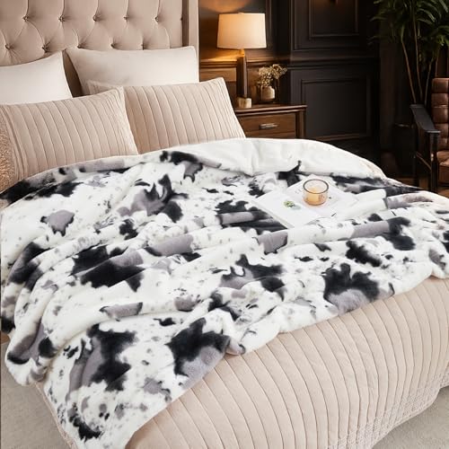 Cozy Bliss Cow Print Faux Fur Throw Blanket, Animal Printed Blankets Super Soft Warm Thick Fluffy Throws Home Decor for Couch Bed Sofa Women (Black&Grey Cow, 50x60 Inches)