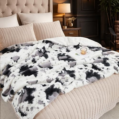 Cozy Bliss Cow Print Faux Fur Throw Blanket, Animal Printed Blankets Super Soft Warm Thick Fluffy Throws Home Decor for Couch Bed Sofa Women (Black&Grey Cow, 50x60 Inches)
