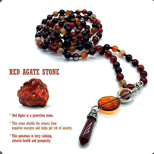 Mala Prayer Beads - Mala Necklace - Tibetan Mala Prayer Beads Meditation Beads Yoga Necklace - color: NATURAL RED AGATE STONE - 8MM - 108 BEADS