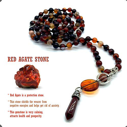 Mala Prayer Beads - Mala Necklace - Tibetan Mala Prayer Beads Meditation Beads Yoga Necklace - color: NATURAL RED AGATE STONE - 8MM - 108 BEADS