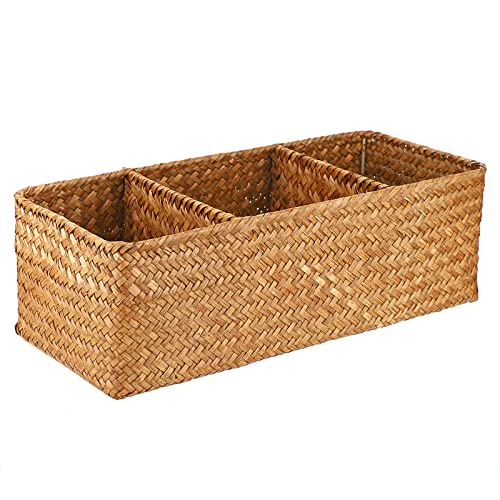 Hipiwe Seagrass Storage Basket with 3 Section, Hand-Woven Wicker Bathroom Storage Bin Tissue Toilet Paper Organizer Basket for Shelves, Kitchen, Bathroom (Caramel) - color: Caramel, size: Medium