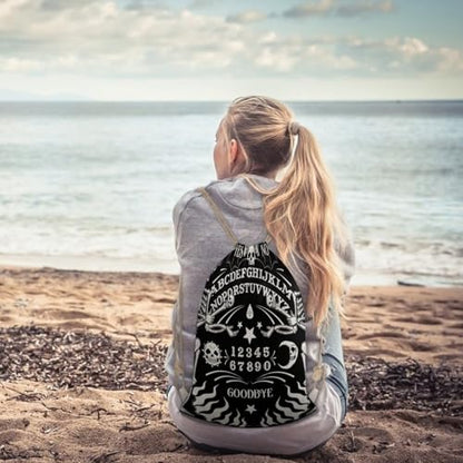Skull Skeleton Witch Board Tarot Black Art Portable Canvas Drawstring Backpack with Drawstring Pockets 30x40cm - color: Skull Skeleton Witch Board Tarot Black Art, size: 30x40cm