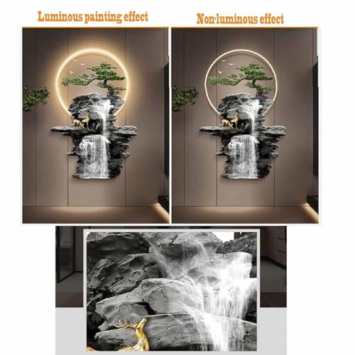 YFQHRXYS 3D Oriental Waterfall Wall Art with LED Light,Oriental Welcoming Pine Landscape for Living Room Office Decor,Modern Art Wall Decor Sculptures, Plug-in Power Supply, Remote Control（50 * 75cm）