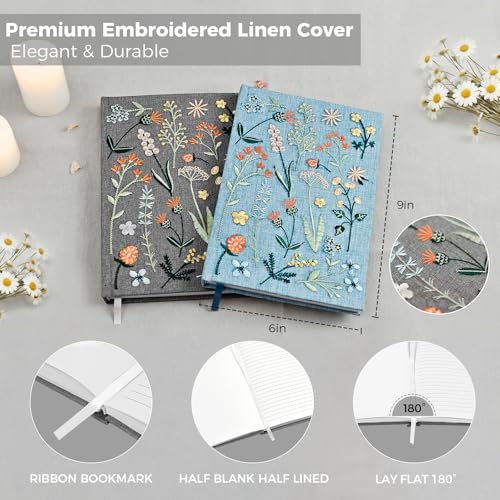 Journal for Women, Embroidered Linen Hardcover Notebook, A5 Journals for Writing & Sketching, Half Blank & Half Lined Journal, Aesthetic Writing Journal with Pen & 200+Stickers, Gift Set for Women - color: Sky Blue