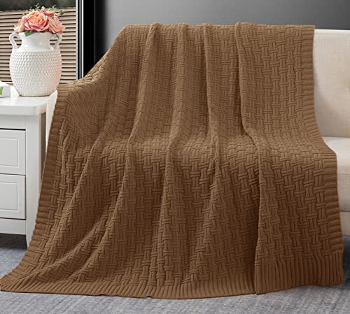 RUDONG M Light Brown Cotton Cable Knit Throw Blanket, Cozy Warm Knitted Couch Cover Blankets, 60 x 80 Inch - color: Light Brown, size: Twin(60" x 80")