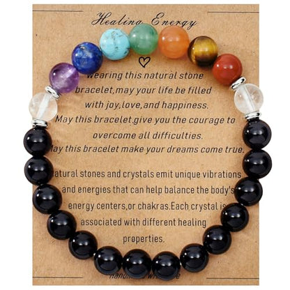 Strong Healing Crystal Bracelet 8MM Genuine Stone Bracelet Lucky Beaded Bracelet Chakra Bracelet 6.5 inch Positive Energy Inspirational Gifts for Women Mom - style: 7 Chakra-Black Agate