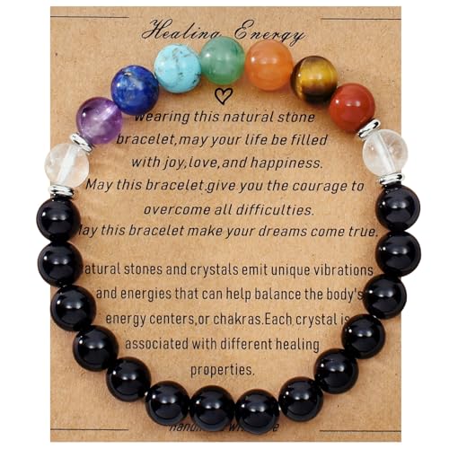 Strong Healing Crystal Bracelet 8MM Genuine Stone Bracelet Lucky Beaded Bracelet Chakra Bracelet 6.5 inch Positive Energy Inspirational Gifts for Women Mom - style: 7 Chakra-Black Agate