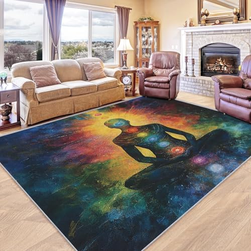 Seven Chakra Rugs for Bedroom 4x5 - Yoga Meditation Carpet for Living Room, Spiritual Washable Area Rug & Home Decor, Soft Low Pile Non Slip Indoor Floor Mat - color: Blue/Multi, size: 4' x 5' (Rectangular)